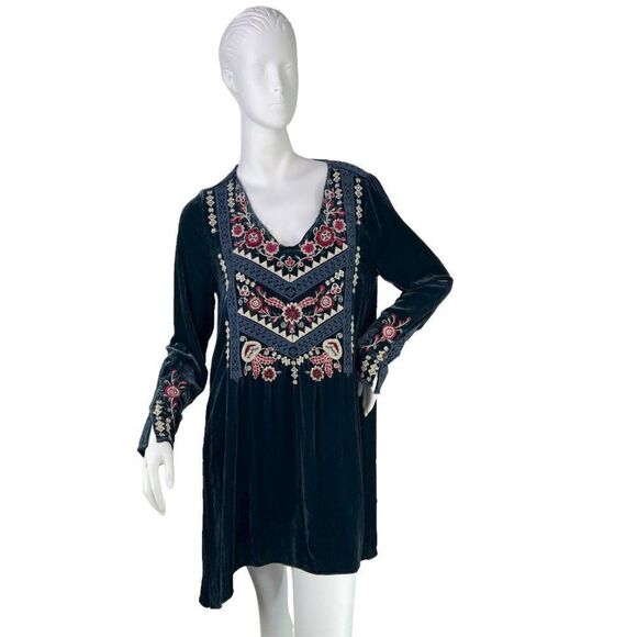 Johnny Was Dark Blue Velvet Long Sleeve Short Embroidered Dress Tunic Top Size S - Picture 2 of 11